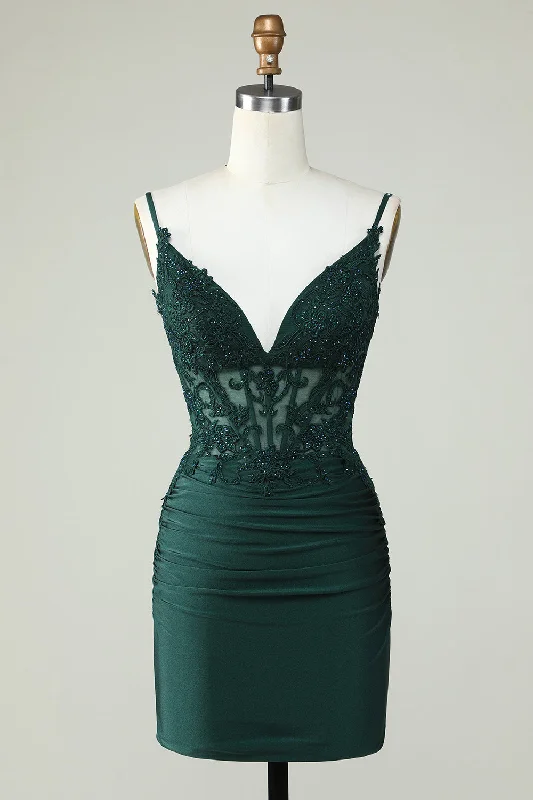 Spaghetti Straps Dark Green Short Prom Dress with Beading