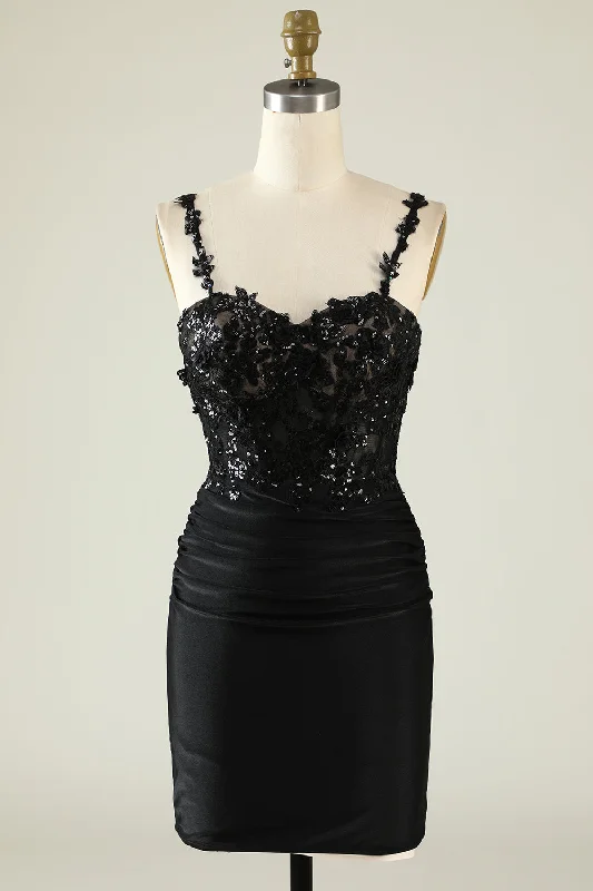Spaghetti Straps Sequins Black Short Prom Dress