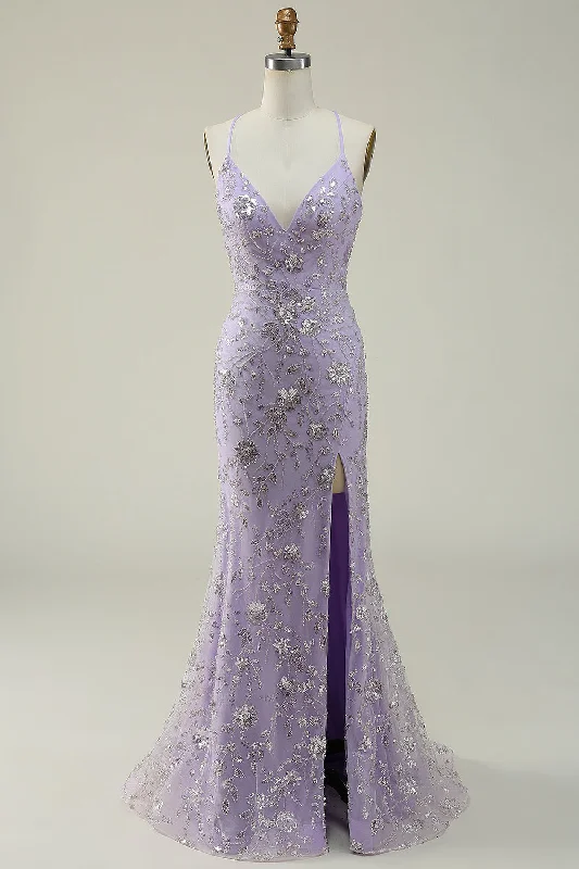 Sparkly Mermaid V-Neck Sequins Purple Long Prom Dress with Slit