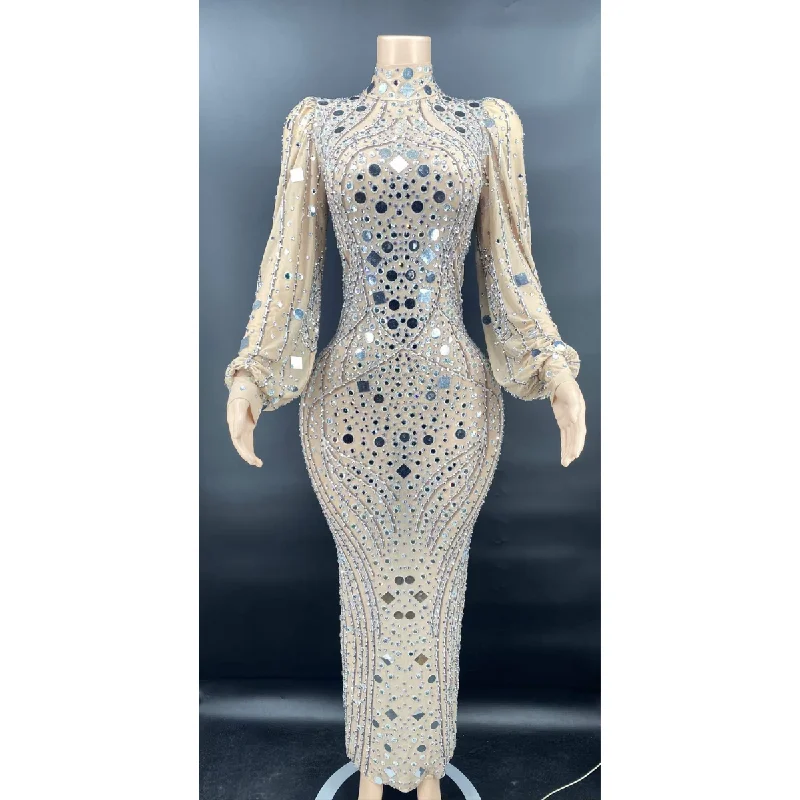 Trending Products 2022 Loose Sleeve Luxury Fashion Mesh Dress Beauty See Through Shiny Diamond Crystals Maxi Evening Dresses