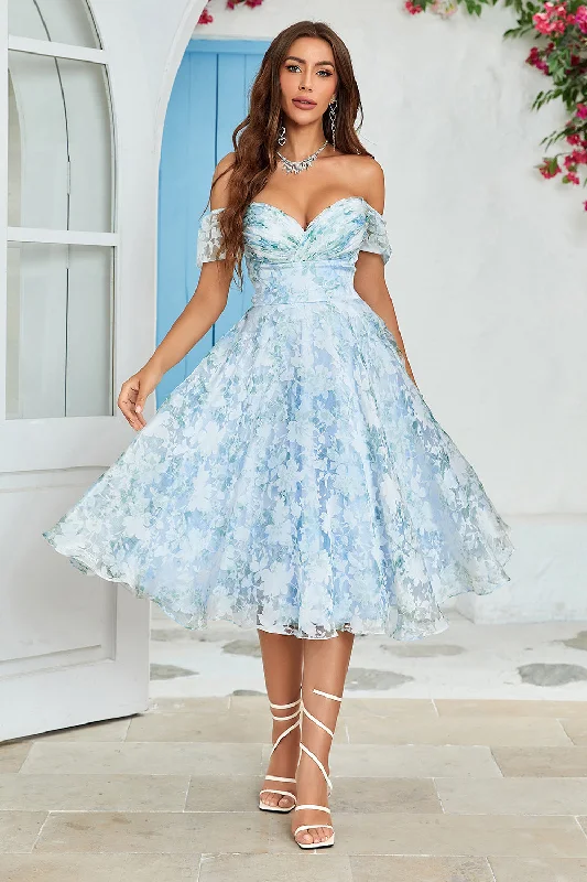 Tulle Off The Shoulder Blue Short Prom Dress
