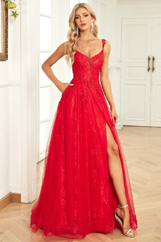 Tulle Red Ball Gown Dress with Appliques