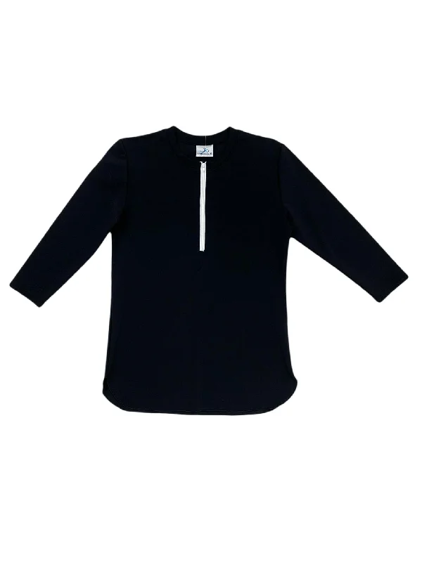 Women's Seersucker - Textured Swim Tops in Light Blue for a Preppy Beach Aesthetic Ladies 3/4 Sleeve With Half-Zip Swim Top Women's Seersucker - Textured Swim Tops in Light Blue for a Preppy Beach Aesthetic Ladies 3/4 Sleeve With Half-Zip Swim Top