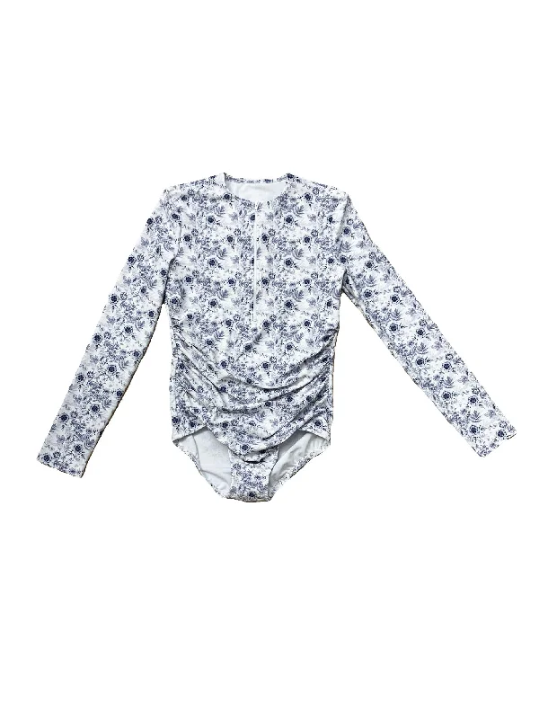 Women's Crochet - Trimmed Swim Tops in White for a Boho - Inspired Beach Outfit Floral Toile Long Sleeve Bathing Suit Women's Crochet - Trimmed Swim Tops in White for a Boho - Inspired Beach Outfit Floral Toile Long Sleeve Bathing Suit