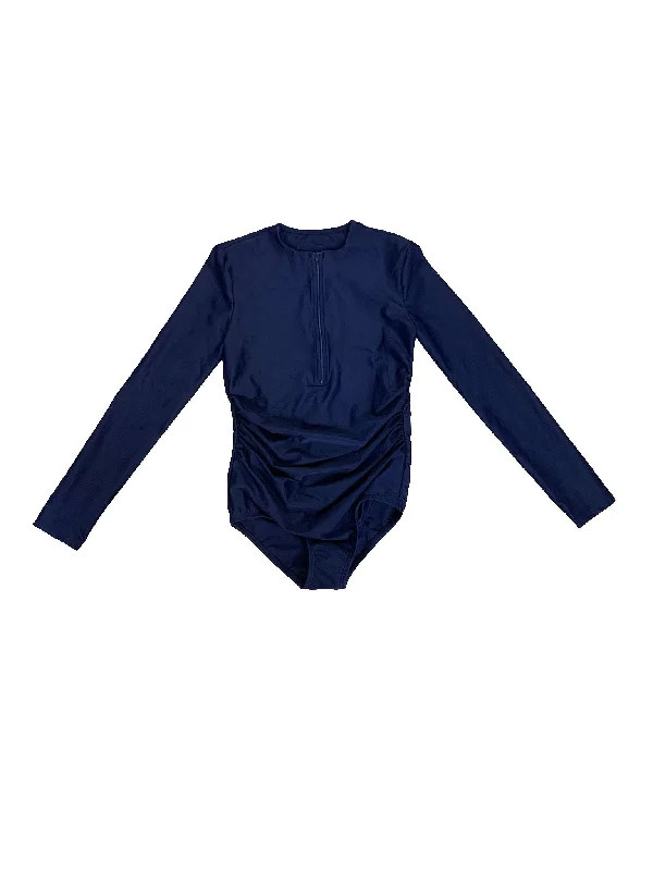 Women's Mesh - Inserted Swim Tops in Black for a Sexy and Modern Beach Ensemble Ladies Navy Long Sleeve Bathing Suit Women's Mesh - Inserted Swim Tops in Black for a Sexy and Modern Beach Ensemble Ladies Navy Long Sleeve Bathing Suit