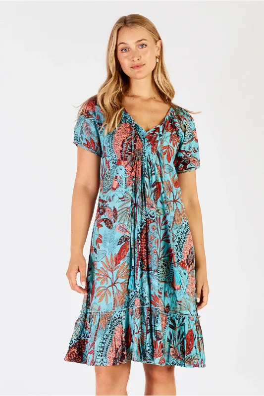 Lula Life Gina Shirred Printed Lagoon Dress