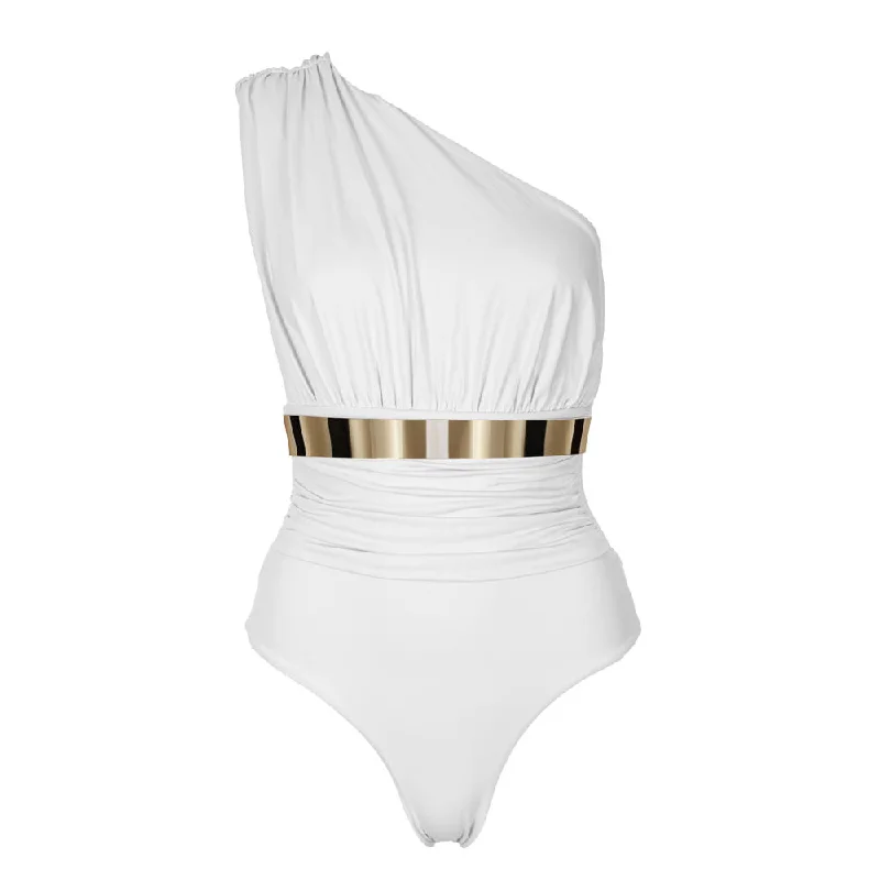 Plus Size Women's Ruffled Hem One - Pieces in Pink for a Feminine and Flirty Summer Outfit MONACO Swimsuit *STUDIO EDITION GOLD/ SILVER - WHITE Plus Size Women's Ruffled Hem One - Pieces in Pink for a Feminine and Flirty Summer Outfit MONACO Swimsuit *STUDIO EDITION GOLD/ SILVER - WHITE