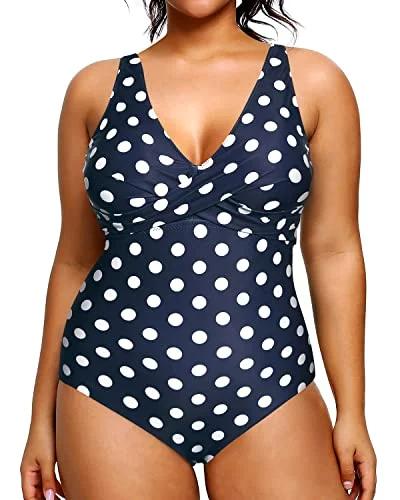 One Piece Plus Size Tummy Control Swimsuit For Women-Blue Dots