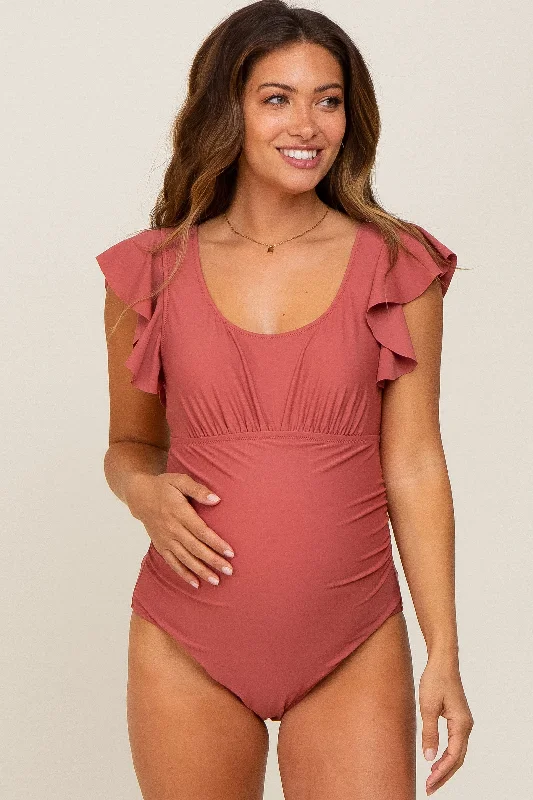 Women's Strapless One - Pieces in Royal Blue with Beaded Accents for a Formal Event Rust Ruffle Shoulder Pleated Side Maternity One Piece Swimsuit Women's Strapless One - Pieces in Royal Blue with Beaded Accents for a Formal Event Rust Ruffle Shoulder Pleated Side Maternity One Piece Swimsuit