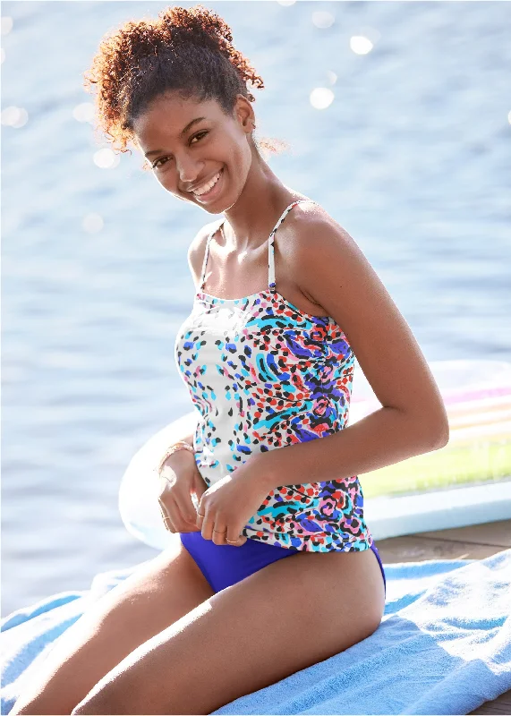 Women's Sheer - Paneled Swim Tops in Blue for a Flirty and Alluring Poolside Look Bandeau Tankini Set - Bloom Beauty