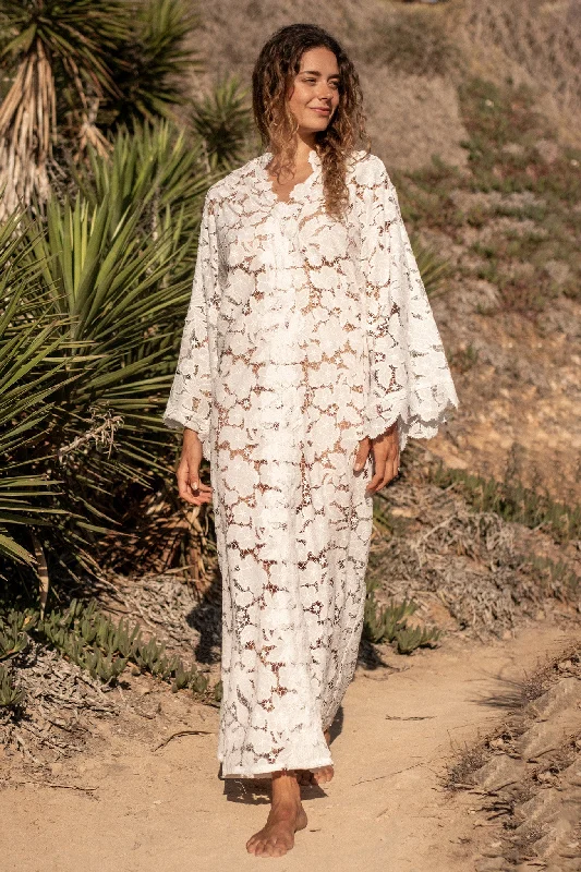 Drawstring - closure cover ups for adjustable sizing Sasha Floral Cut-out Lace Caftan Drawstring - closure cover ups for adjustable sizing Sasha Floral Cut-out Lace Caftan