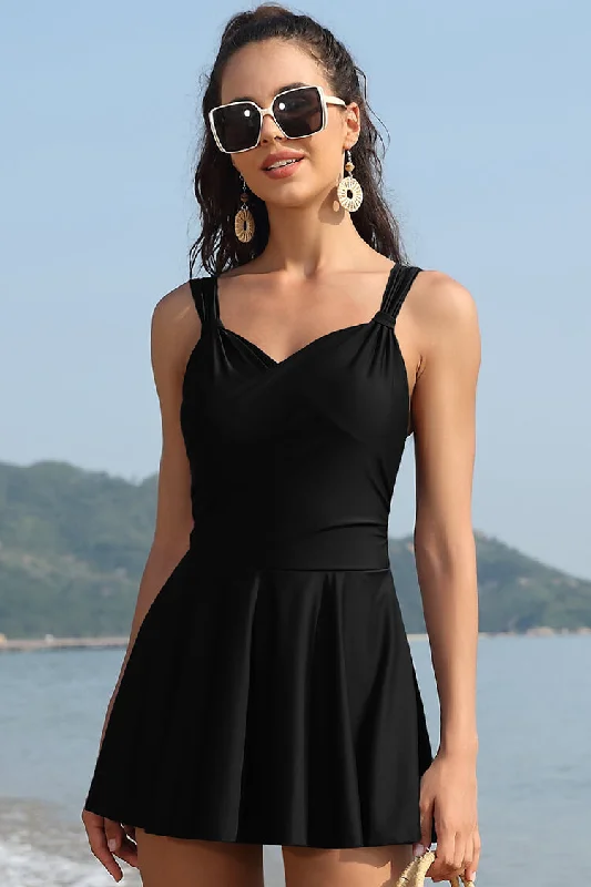 Women's Cut - Out One - Pieces in Black with Geometric Shapes for a Modern and Edgy Style Elegant Crossover Skirted Swimsuit Women's Cut - Out One - Pieces in Black with Geometric Shapes for a Modern and Edgy Style Elegant Crossover Skirted Swimsuit