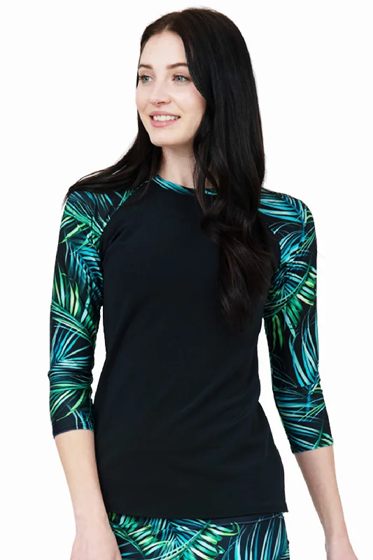 Plus Size Women's Print - Blocked Swim Tops in Multicolor for a Trendy and Fashion - Forward Look Tropical Leaves Rashguard Swim Top Plus Size Women's Print - Blocked Swim Tops in Multicolor for a Trendy and Fashion - Forward Look Tropical Leaves Rashguard Swim Top