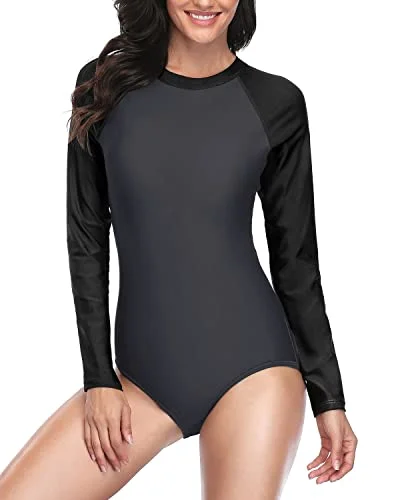 Long Sleeve One Piece Swimsuit Upf 50 Rash Guard For Women-Grey And Black