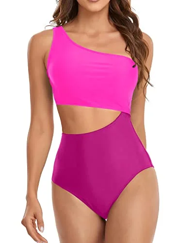 Asymmetric One Shoulder Neckline Cutout One Piece Swimsuits-Phosphor And Dark Pink