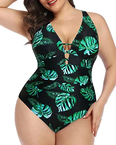 Plus Size Women's Animal Print One - Pieces in Leopard for a Bold and Trendy Statement High Waisted Line Plus Size Slimming One Piece Swimsuit-Black And Green Leaf Plus Size Women's Animal Print One - Pieces in Leopard for a Bold and Trendy Statement High Waisted Line Plus Size Slimming One Piece Swimsuit-Black And Green Leaf