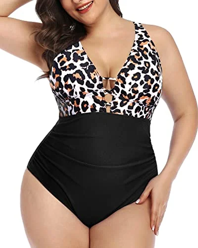 Women's Sleeveless Backless One - Pieces in Black with Cut - Out Details for a Sexy Beach Look Lace Up Plunge V Neck Plus Size Ruched One Piece Swimsuit-Black And Leopard Women's Sleeveless Backless One - Pieces in Black with Cut - Out Details for a Sexy Beach Look Lace Up Plunge V Neck Plus Size Ruched One Piece Swimsuit-Black And Leopard