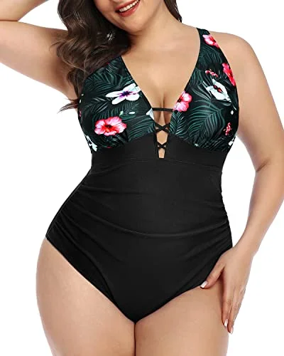Women's Cut - Out One - Pieces in Black with Geometric Shapes for a Modern and Edgy Style High Waisted Line Plus Size Ruched One Piece Swimsuit-Black Floral Women's Cut - Out One - Pieces in Black with Geometric Shapes for a Modern and Edgy Style High Waisted Line Plus Size Ruched One Piece Swimsuit-Black Floral