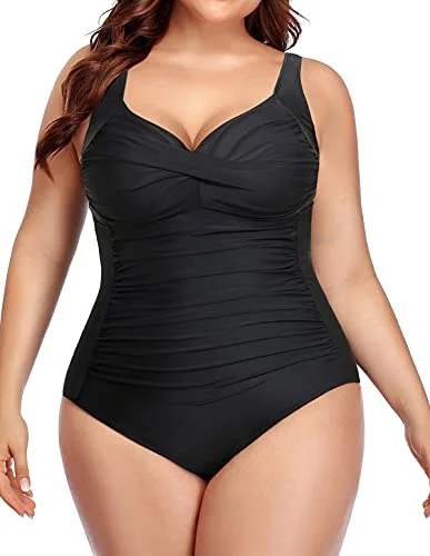 Twist Front Tummy Control Bathing Suits For Women Plus Size-Black