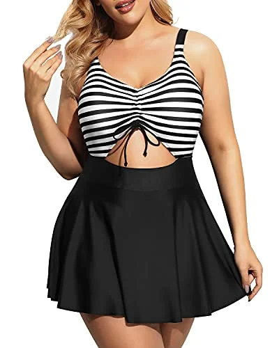 Women's Long - Length One - Pieces in Gray with Asymmetric Hem for a Contemporary and Fashionable Look V Neck Swimdress Cutout Bathing Suits For Women-Black And White Stripe Women's Long - Length One - Pieces in Gray with Asymmetric Hem for a Contemporary and Fashionable Look V Neck Swimdress Cutout Bathing Suits For Women-Black And White Stripe